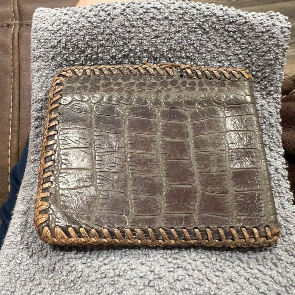 Vintage Alligator Crocodile Leather Bifold Wallet Brown Whipstitch Western Mens